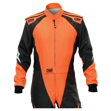 Orange and black racing suit with 'OMP' branding on a white background